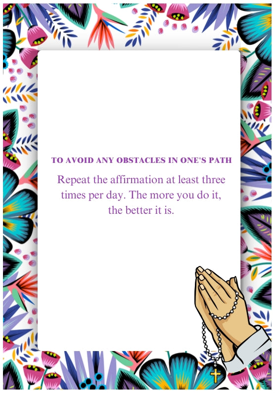 Digital affirmation card with vibrant floral border and praying hands, promoting mindfulness and spiritual wellness for overcoming obstacles.